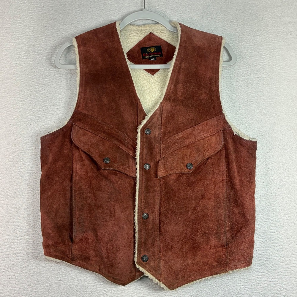 Vintage Richman Brothers Vest Men M 40 Brown Suede Leather Sherpa Pile Lined